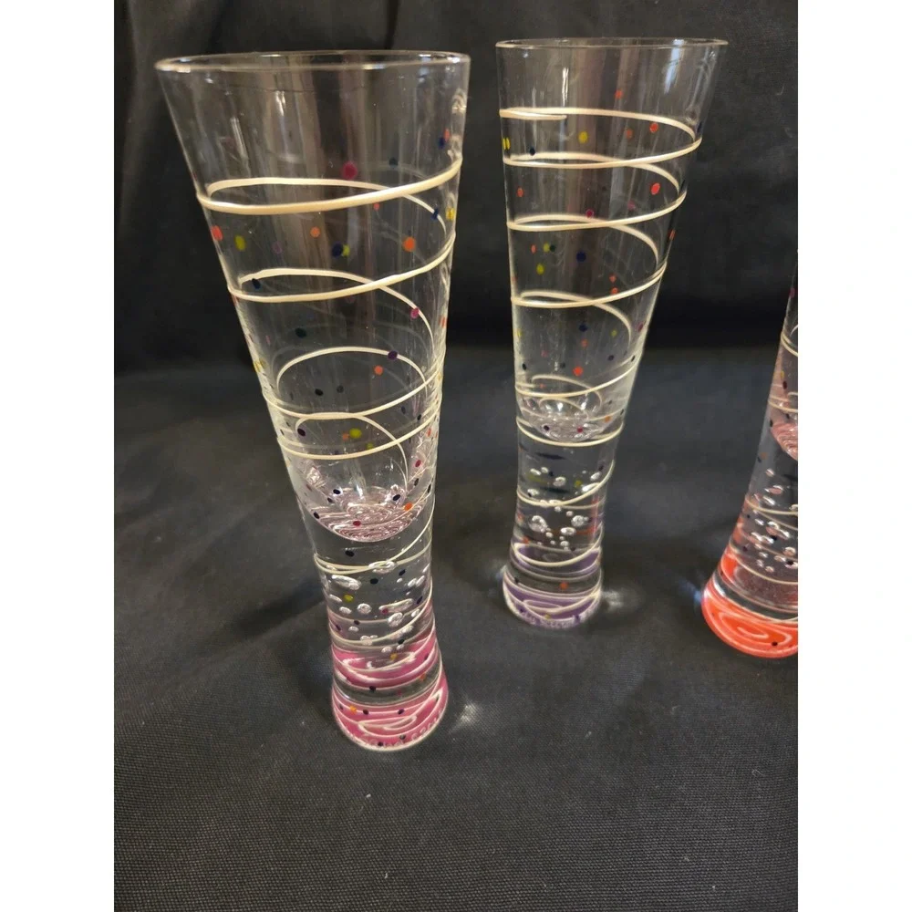 Mindy Sand Bubble Champagne Flutes Set of 4 Signed 2018 Hand Painted Art Glass